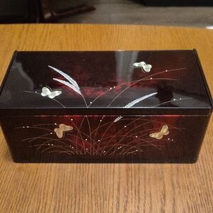 Vintage Black and Burgandy Tissue Box With Floral And  Butterfly Inlay.